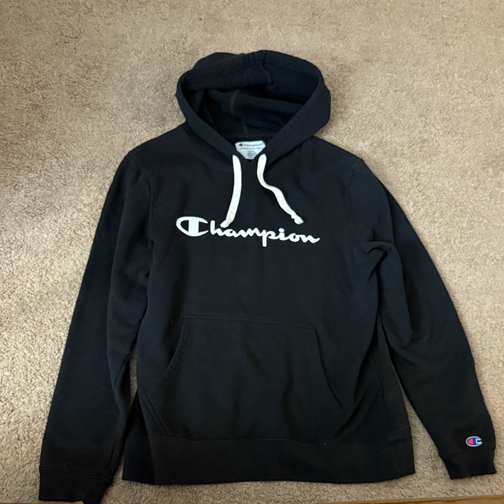 Champion Black Hoodie with White Logo